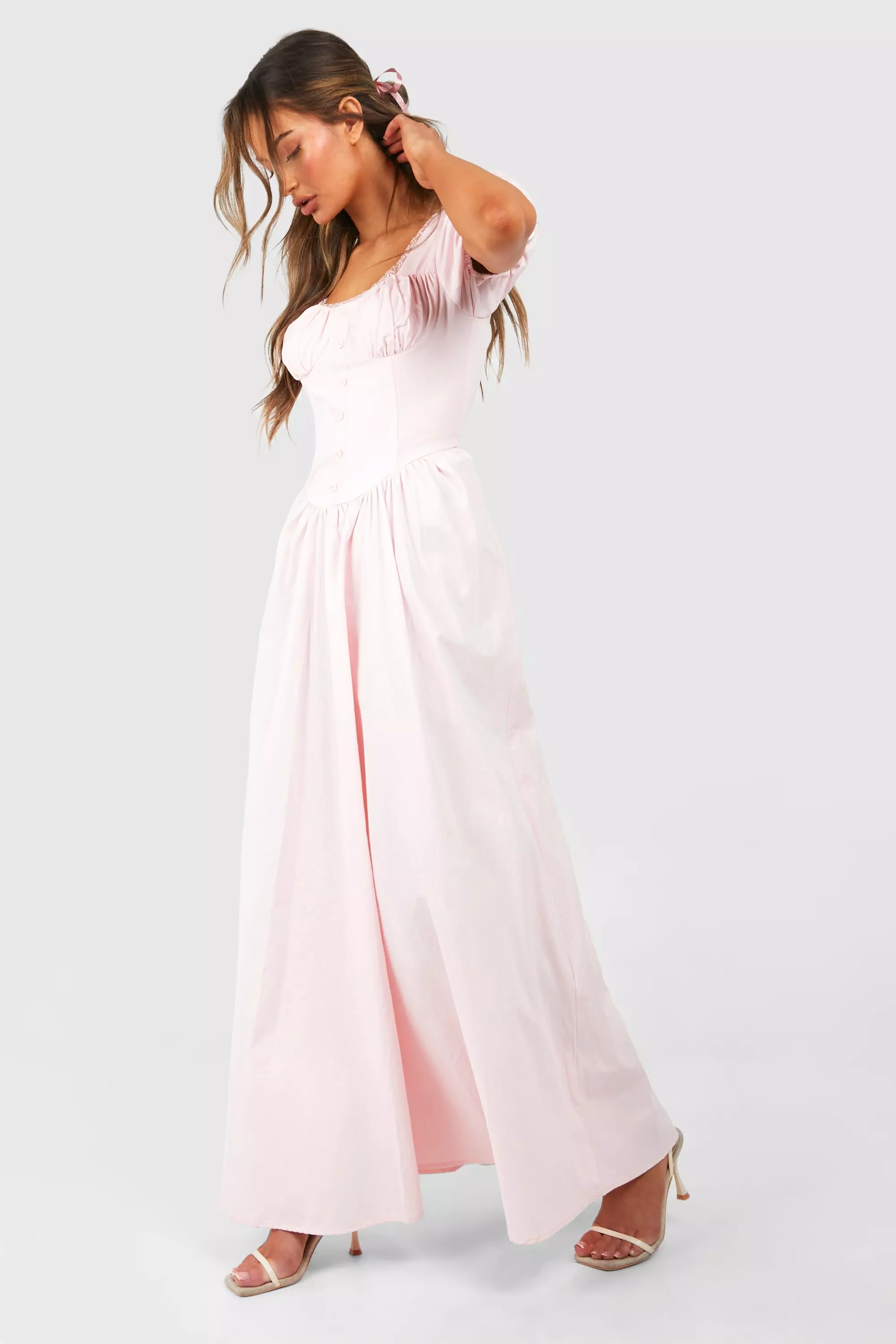 【THE MOZZ】[Premium] Hug Puff Cash Wool Whole Garment OP ZAFUL Womens V Neck Maxi Dress with Pockets Swiss Dot